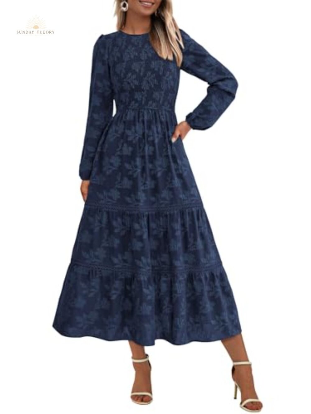 Long Sleeve Boho Floral Midi Dress Smocked Fit Flare Wedding Guest